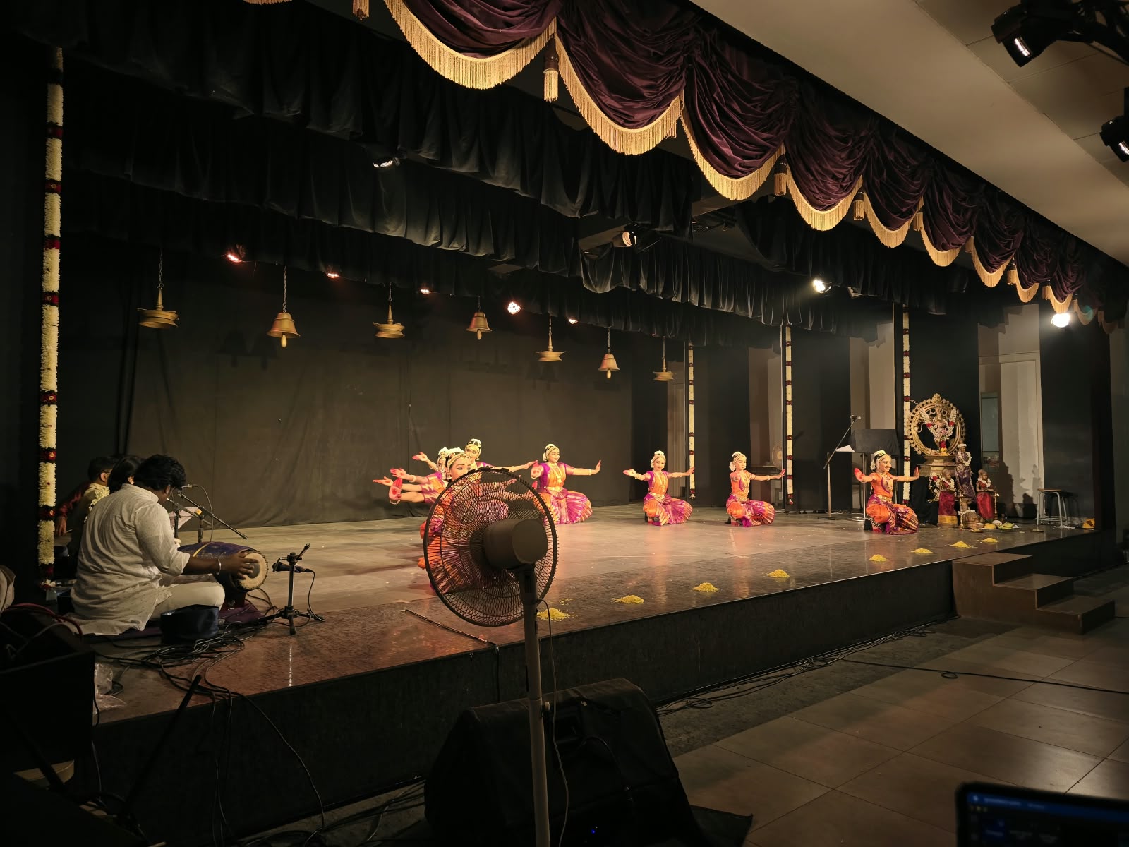 Babaji Community Auditorium stage during a Bharatanatyam performance, with musicians and a Nataraja statue